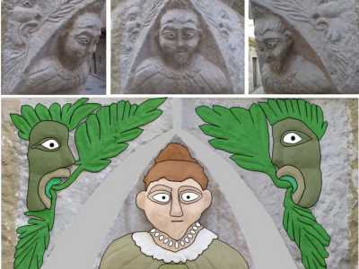 Nell�ultimo fregio in basso � ritratta una persona con una collana di perle, una voluminosa gorgiera e, ai lati, due demoni dalla cui bocca fuoriescono rami e foglie: sembrano voler avvolgere nel peccato la figura centrale (raffigurazione dell�accidia)